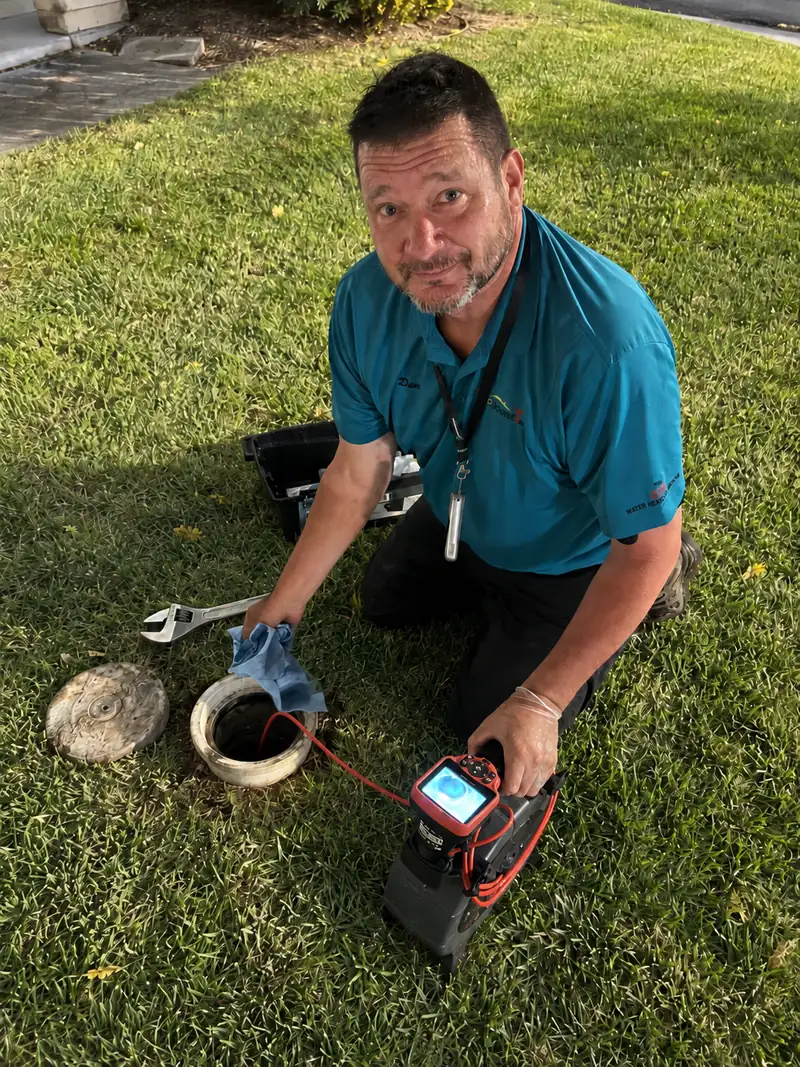 Homesight inspector running a sewer scope camera into a cleanout during a sewer line video inspection in Southeast Wisconsin
